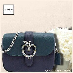 COACH Leather Gemma Deep Blue Forest Green Sparkling Crystals Apple Buckle NWT